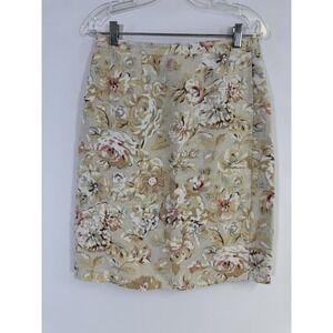 Talbots 100% Irish Linen Straight Wrap Skirt Sz 12 Beige Floral Button Closure